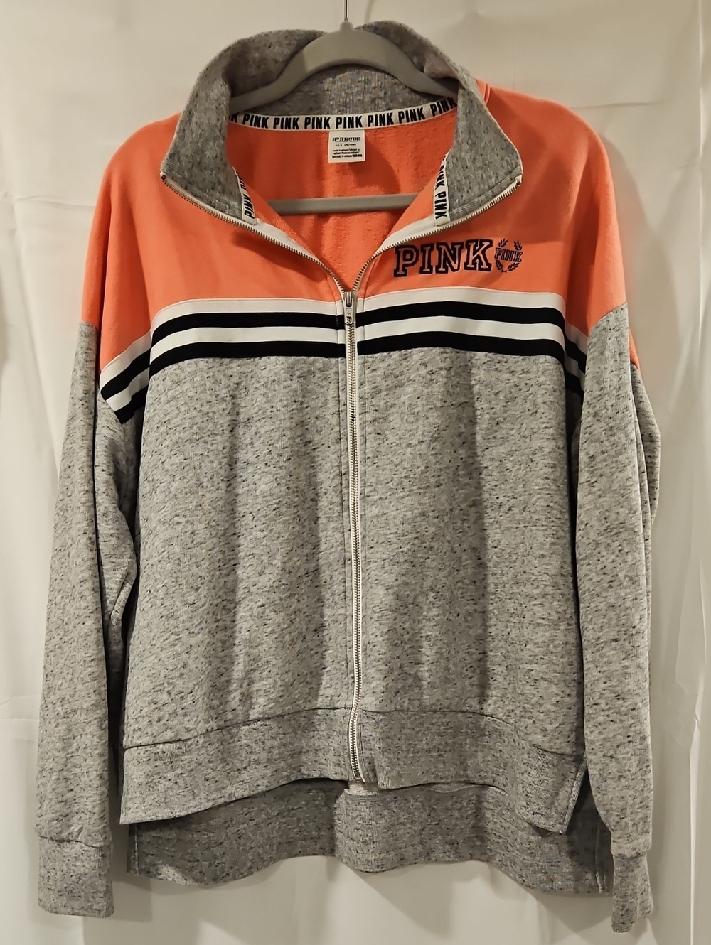 PINK Victoria's Secret Heather Gray & Coral Zip-Up Colorblock Bomber